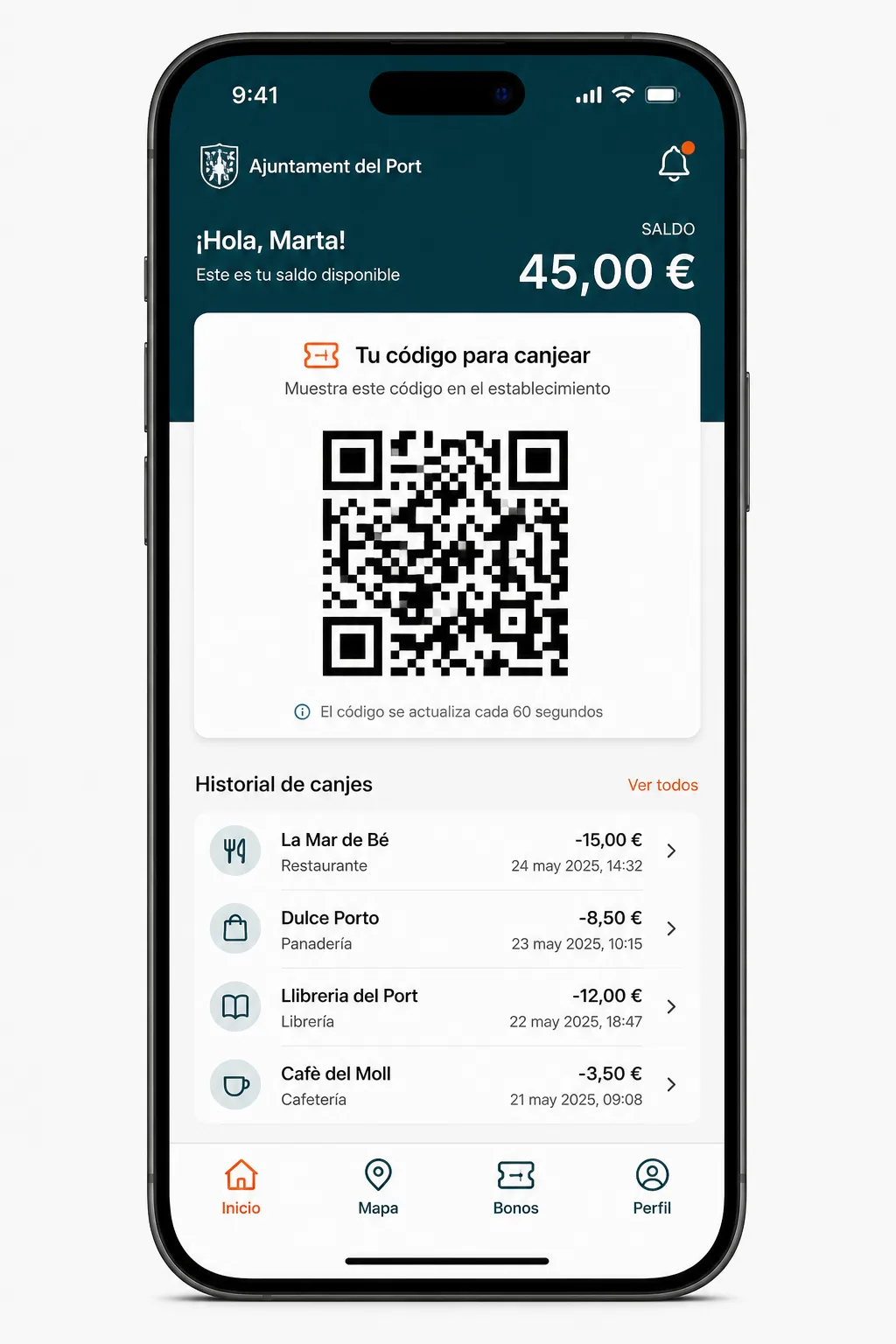 App móvil del ciudadano con saldo y código QR