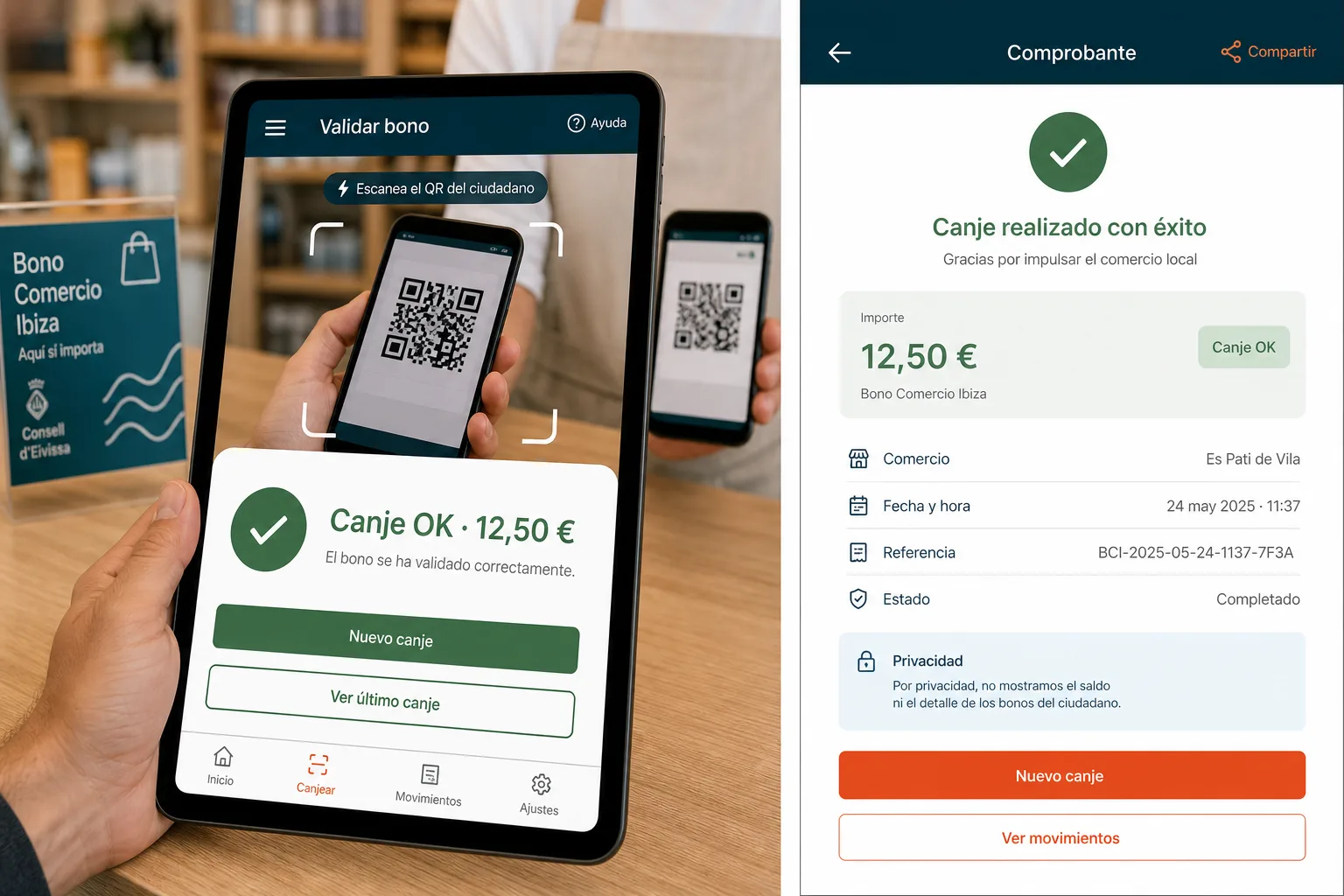 App de comercio validando un bono con código QR