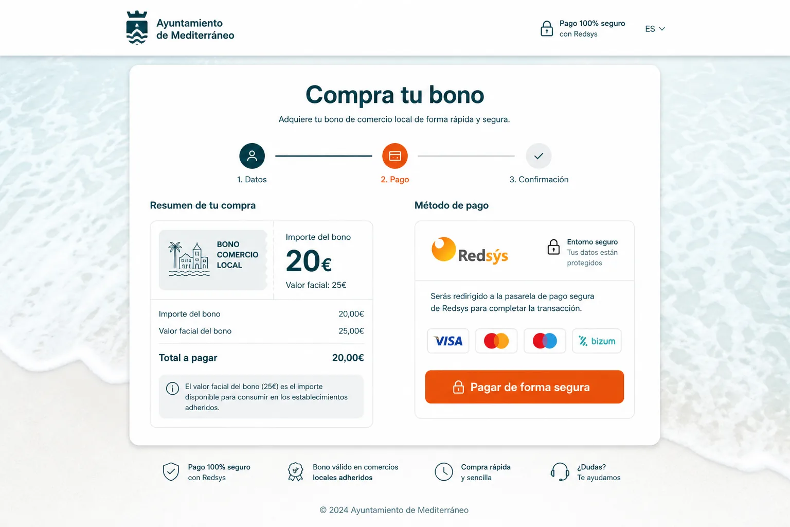 Pantalla de compra de bono digital con pago seguro