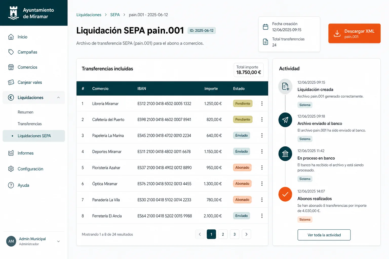 Pantalla de liquidación SEPA con transferencias a comercios