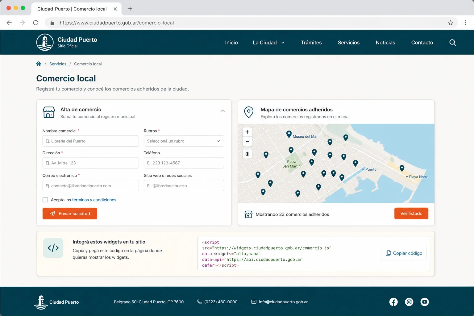 Widgets de Bonos Comercio embebidos en una web municipal